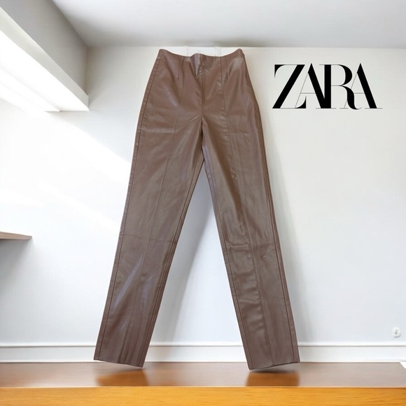 ZARA, High-Waisted Faux Leather Leggings, Small, Brown - Picture 3 of 11